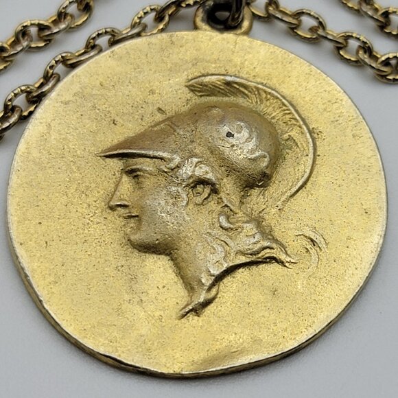 Vintage Ancient Knight Cameo Pendant Necklace Gold Tone 24 Inch Signed FM - Picture 2 of 6